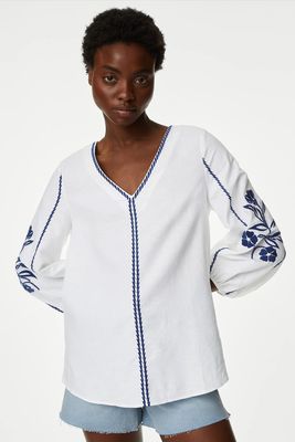 Linen Rich Embroidered Blouson Sleeve Blouse from Marks & Spencer