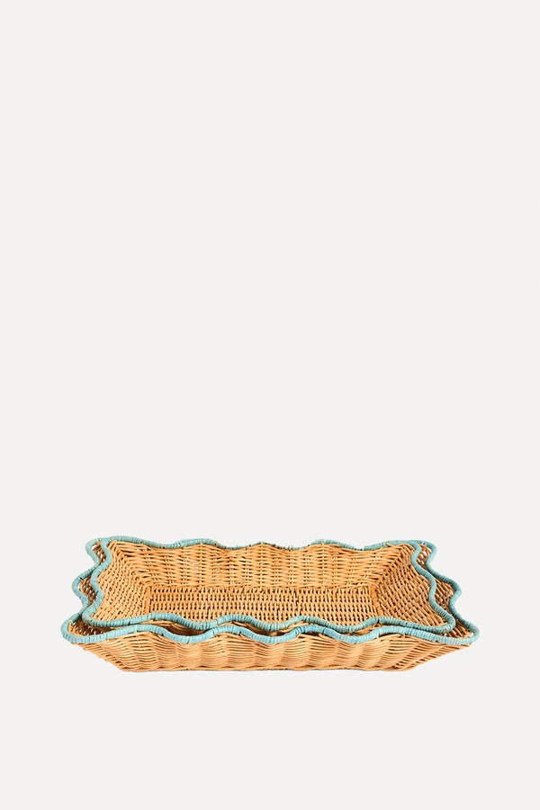 Set of 2 Natural Teal Rattan Scalloped Edge Trays