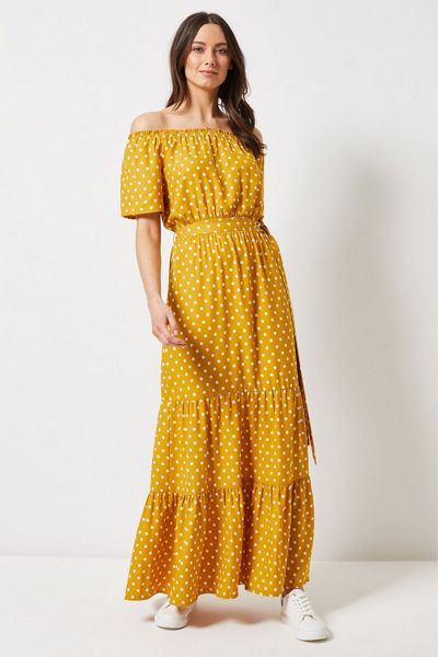 Yellow Spot Print Bardot Tiered Maxi Dress