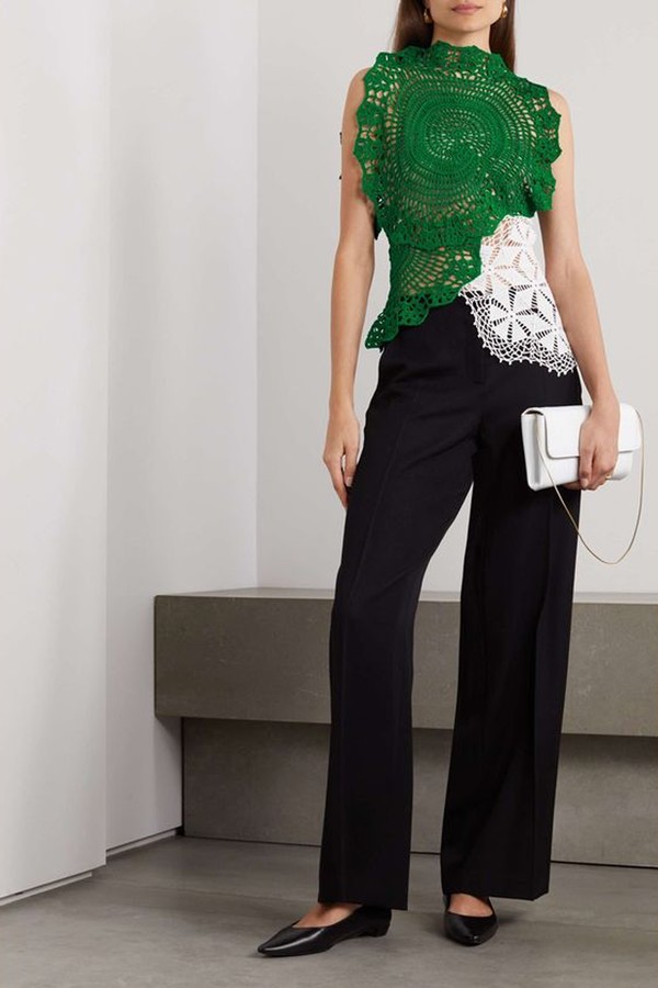 Christa Asymmetric Two-Tone Crocheted Cotton Top from The Row