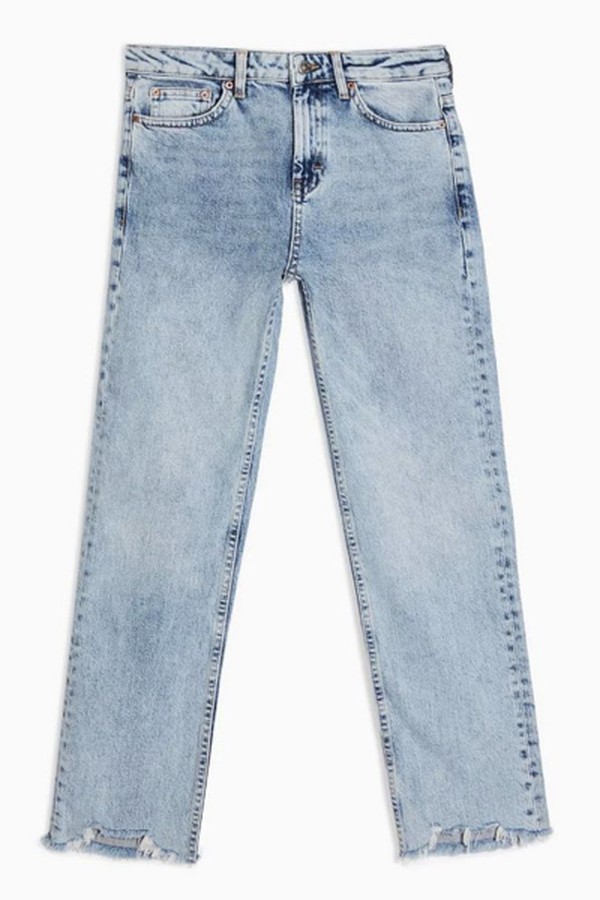 Bleach Wash Rip Hem Straight Jeans