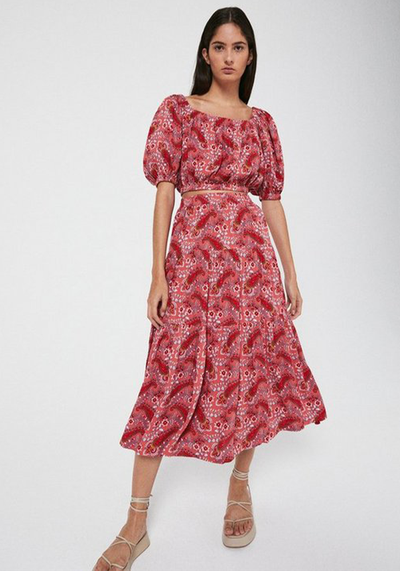  Printed Cheesecloth Tiered Midi Skirt