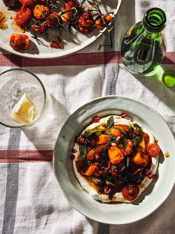 Charred Tomatoes with Cool Yoghurt, Pomegranate Molasses and Herbs
