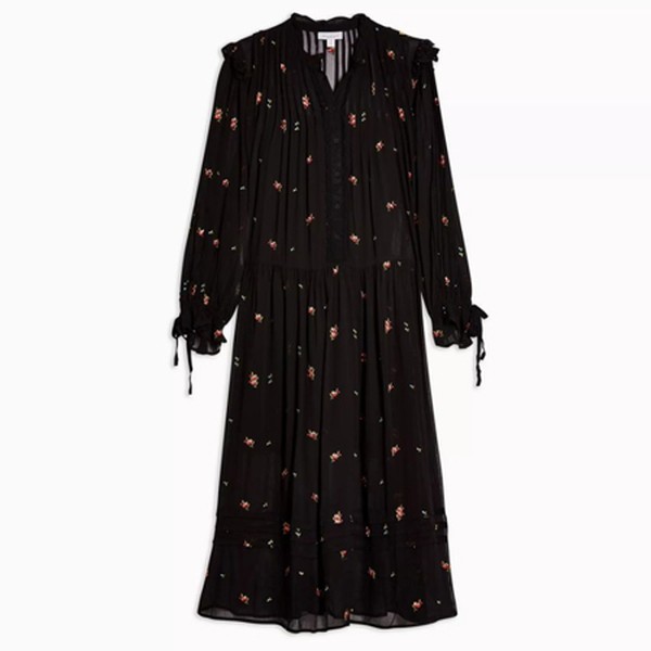 Black Sheer Embroidered Floral Midi Dress