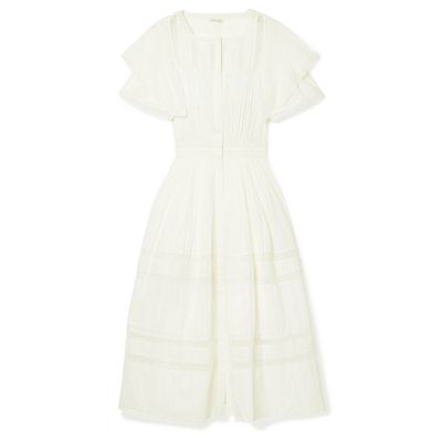 Callie Ruffled Crocheted Lace-Trimmed Cotton Midi Dress from LoveShackFancy