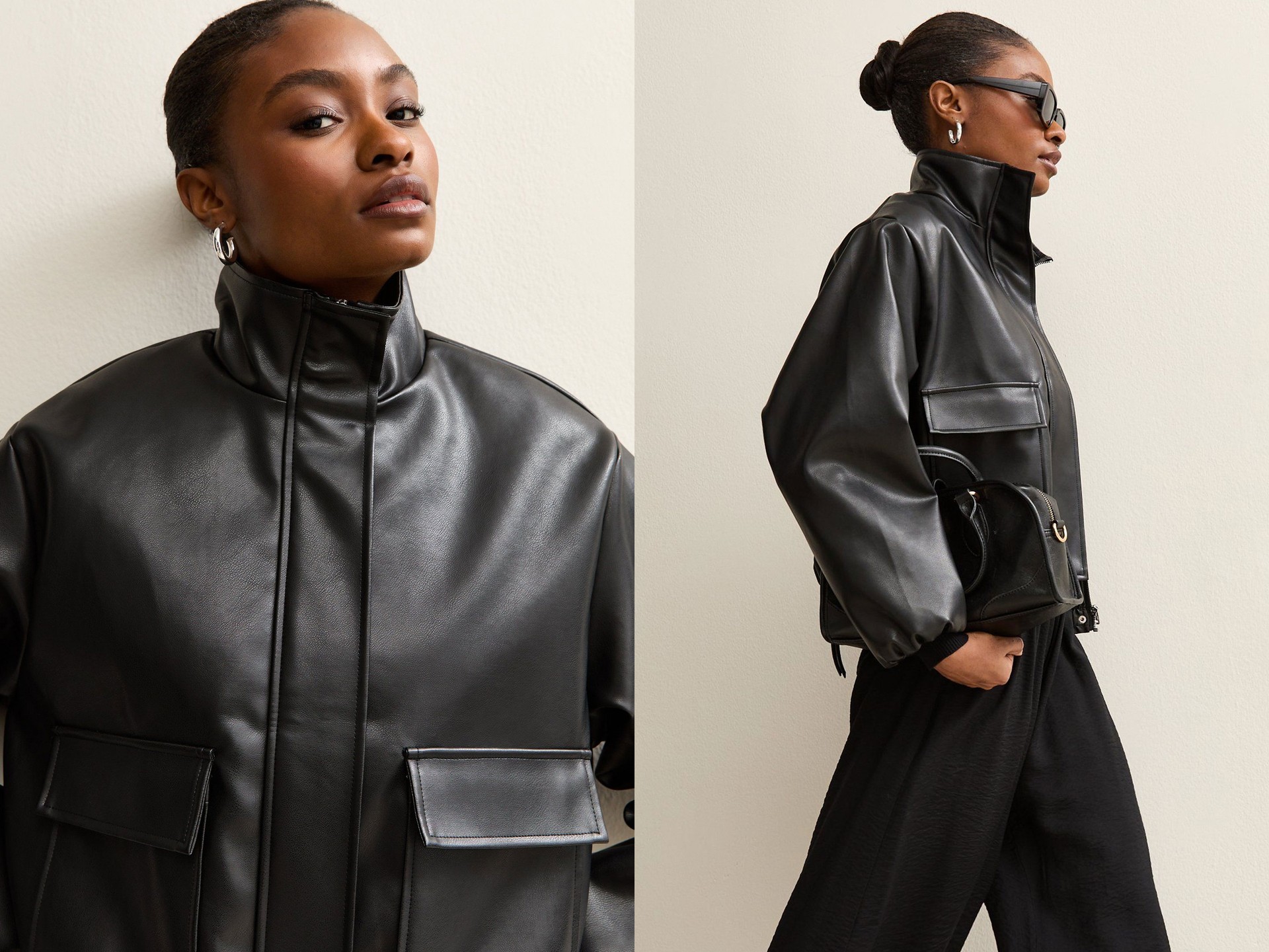 Faux Leather Funnel Neck Bomber Jacket from New Look