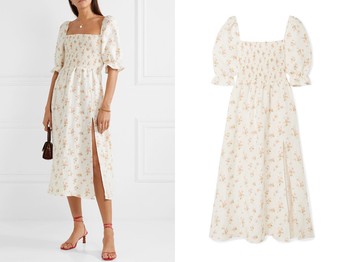 Marabella Shirred Floral-Print Linen Midi Dress from Reformation