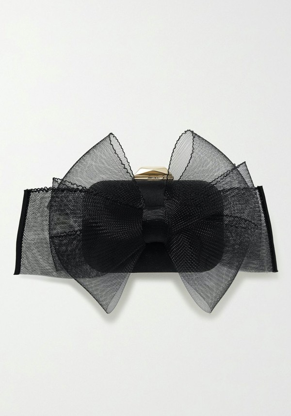 Micro Cloud Bow Embellished Satin Clutch from Jimmy Choo