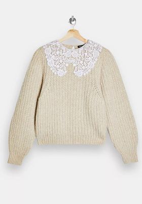 Ecru Crochet Collar Knitted Jumper