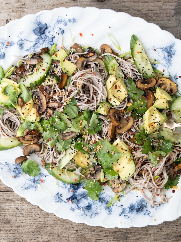 Soba Noodle Salad Tossed With Sesame Spicy Fried Mushrooms