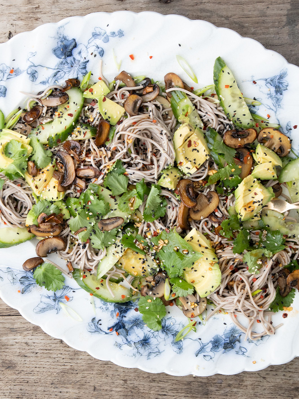 Soba Noodle Salad Tossed With Sesame Spicy Fried Mushrooms