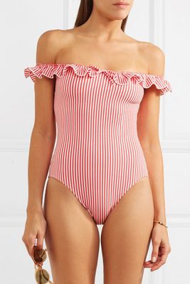 Amelia Off-The-Shoulder Ruffle-Trimmed Seersucker Swimsuit from Solid &Striped