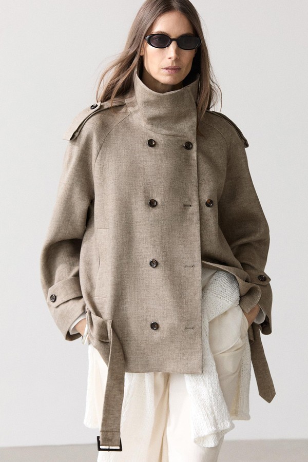 Linen Melange High Neck Trench Coat from Massimo Dutti