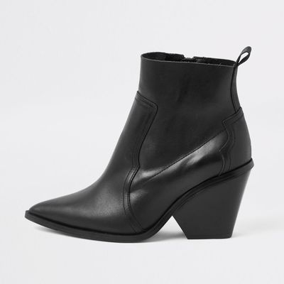 Black Leather Western Ankle Boots