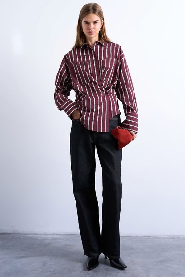 Asymmetric Placket Waisted Long Sleeve Cinched Shirt