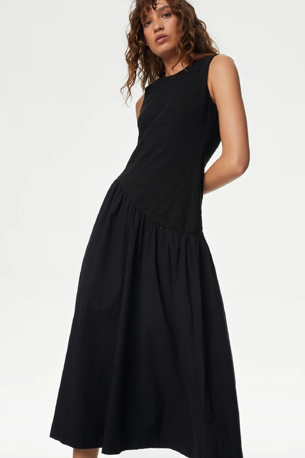 Cotton Blend Textured Midi Drop Waist Dress from Marks & Spencers