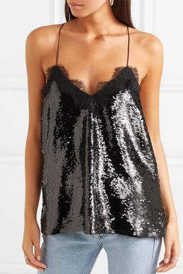 The Racer Lace-Trimmed Sequined Crepe Camisole from Cami NYC
