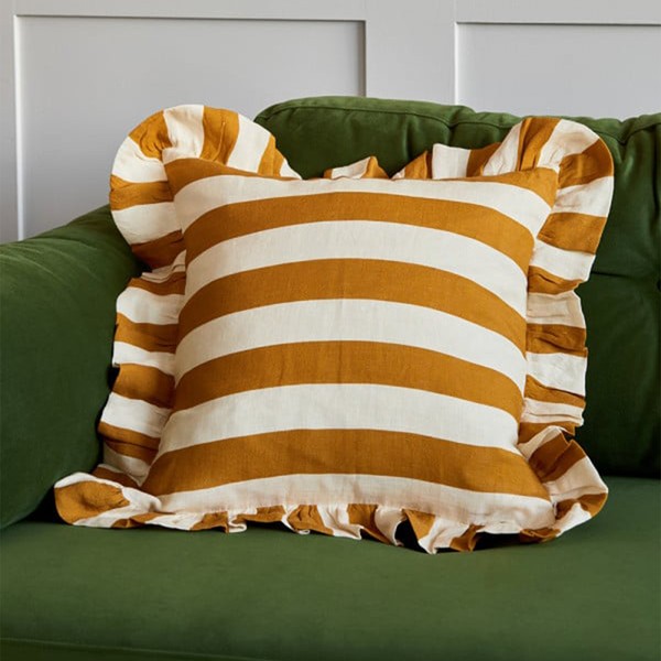 Ochre & Ivory Ruffle Striped Cushion from Amuse La Bouche