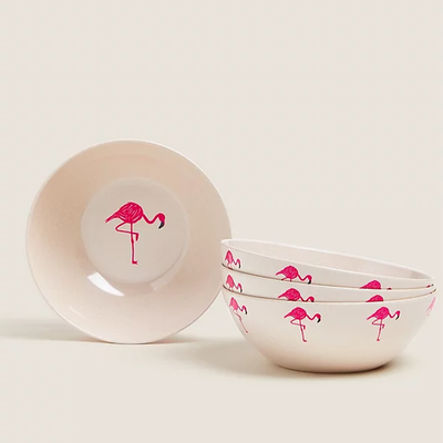 Set Of 4 Flamingo Picnic Cereal Bowls