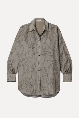 Bead-Embellished Floral-Print Silk-Charmeuse Shirt from Brunello Cucinelli
