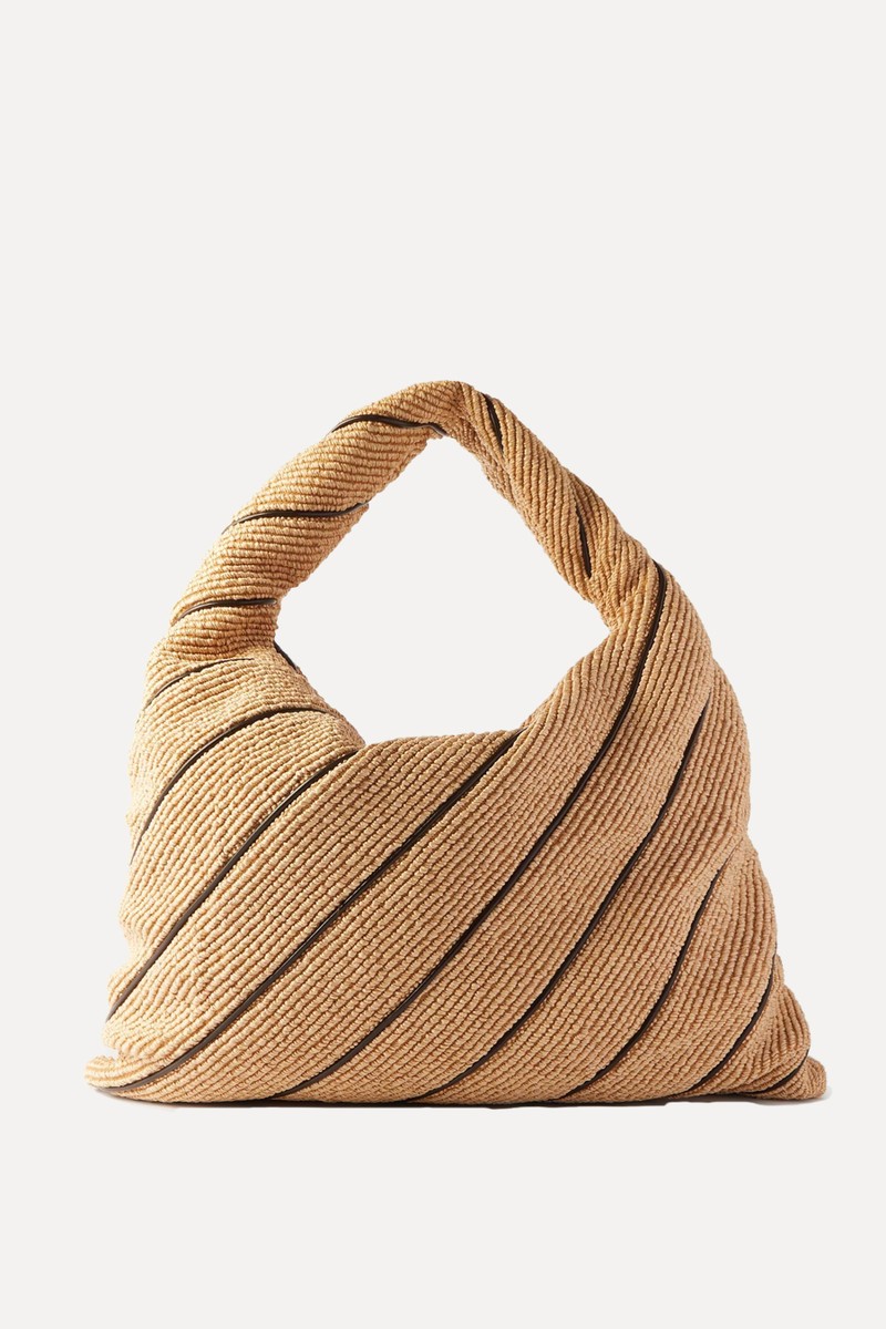 Large Striped Leather-Trimmed Raffia Tote from BOTTEGA VENETA