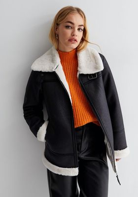 Leather-Look Faux Fur Lined Aviator Jacket