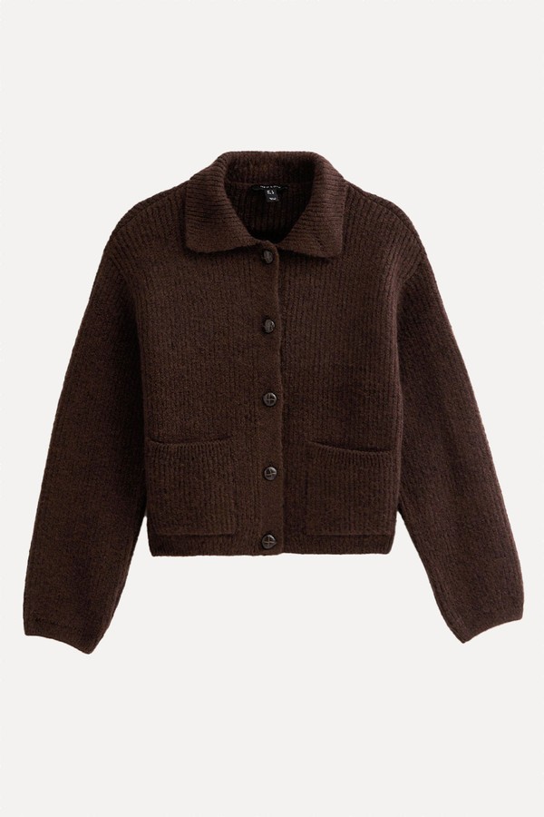 Ribbed Knit Collared Button Through Cardigan