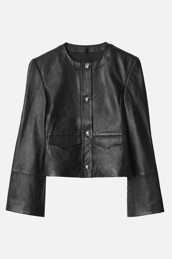 Collarless Leather Jacket