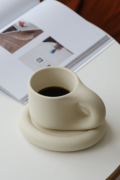 Comptine Beige Ceramic Tea Mug With Saucer Chubby Coffee Cup from Chausettes De Comptine