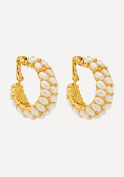 Gold-Plated Faux Pearl Cabochon Clip-On Hoop Earrings from Kenneth Jay Lane