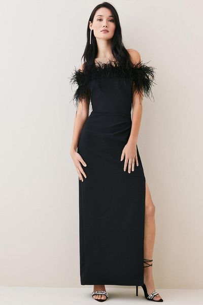 Feather Bardot Stretch Crepe Maxi Dress