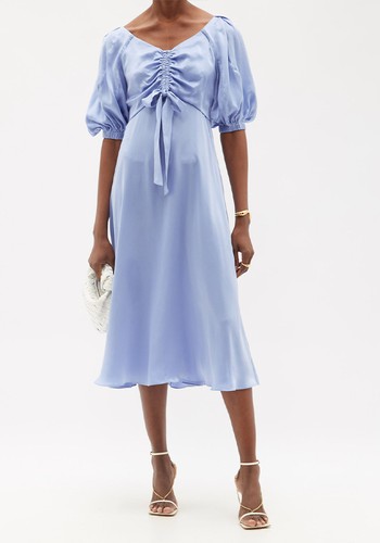 Puff-Sleeved Ruched Silk Midi Dress, £495