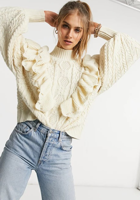 Chunky Knit Jumper With Frill Detail And Balloon Sleeve from Vila