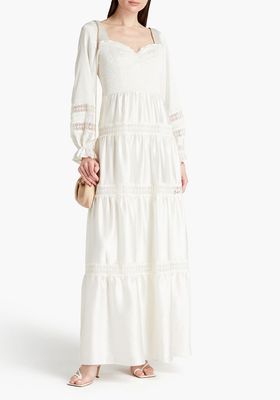 Lace Trimmed Shirred Satin Maxi Dress from Monique Lhuillier