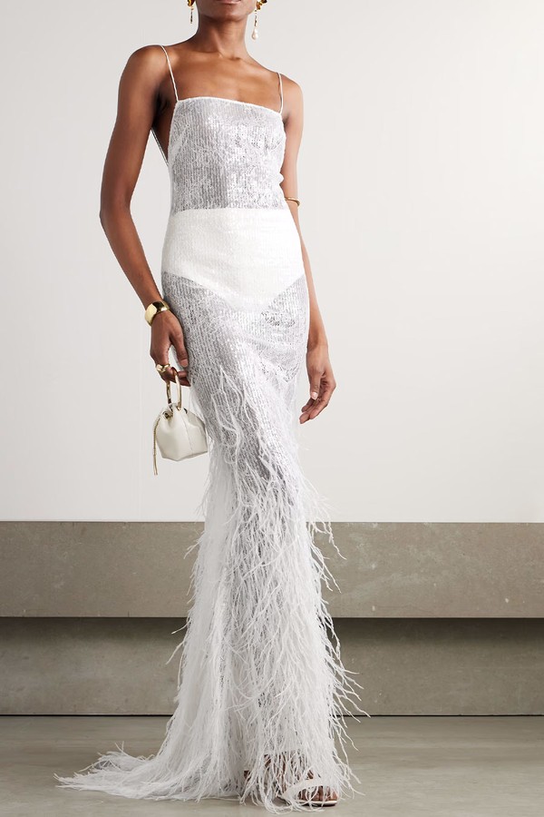 Odessa Feather-Trimmed Sequined Lace Gown from Retroféte