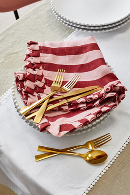Set Of 4 Red & Pink Frilly Linen Napkins from Rose & Grey