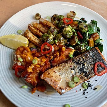 Salmon with roasted Hokkaido squash & Brussels sprouts, baked celeriac fries & sauteed, garlicky rainbow chard