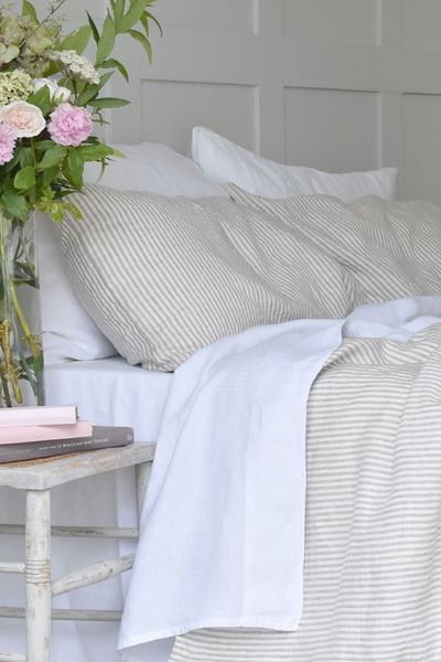 Natural Ticking Linen Duvet Cover Set from Chalk Pink