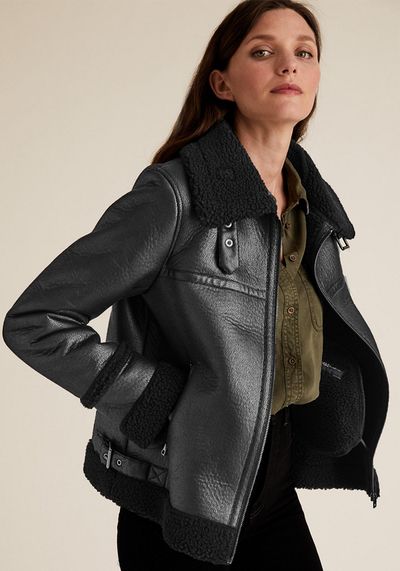 Faux Shearling Borg Lined Aviator Jacket 