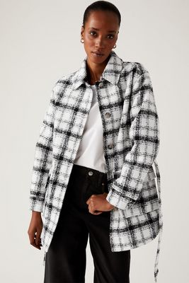 Checked Textured Belted Shacket with Wool, £65