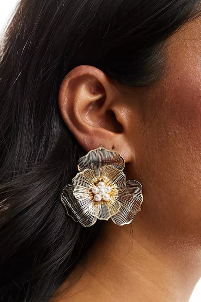 Stud Earrings With Fine Wire Floral & Faux Pearl Design from ASOS 