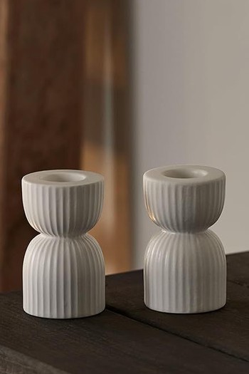 Set of 2 Matte White Ceramic Taper Candle Candlestick Holders from Lights4fun 