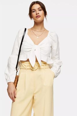 Ivory Textured Knot Front Frill Blouse