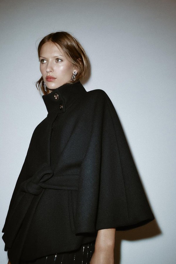 Short Wool Coat With Cape Sleeves & Belt