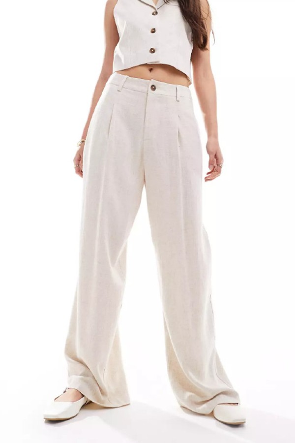 Linen Blend Tailored Wide Leg Trousers