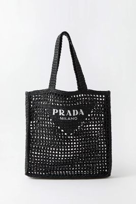 Logo-Embroidered Faux-Raffia Tote Bag from Prada