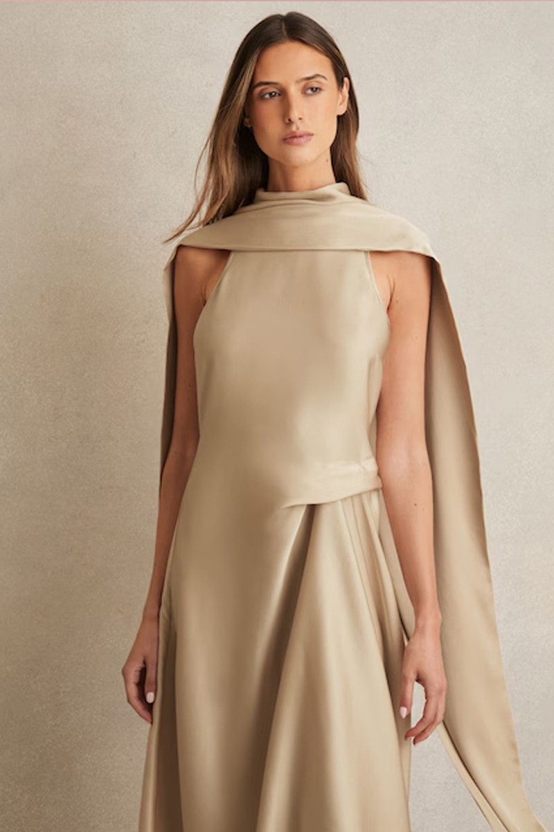 Michelle Satin Tuck-Detail Cape Midi Dress from Reiss