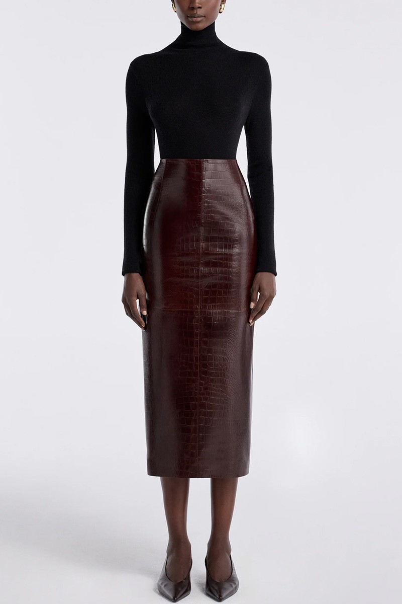 Elyse Croco Skirt Embossed Leather Skirt from Nour Hammour