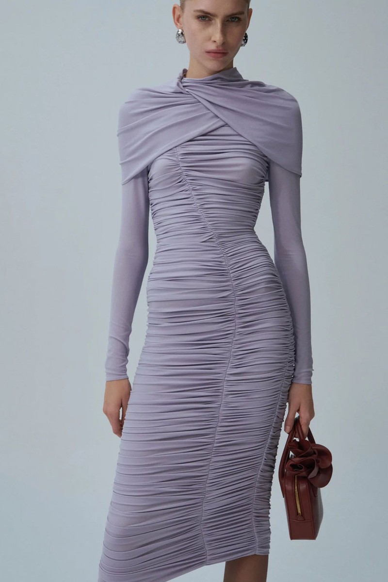 Draped High Neck Midi Dress