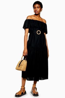 Black Ruffle Bardot Midi Dress